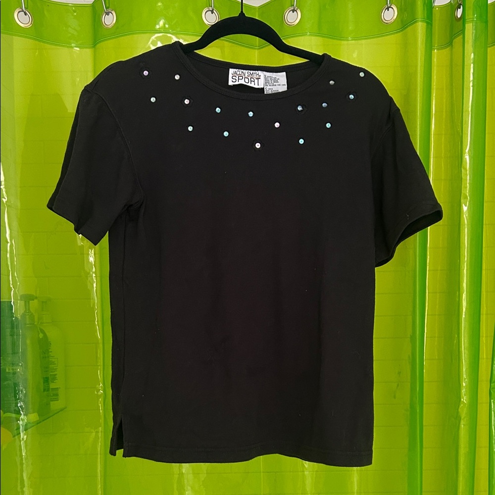 Jacklyn Smith Black Short Sleeve Tee with Iridescent Rhinestone Accents